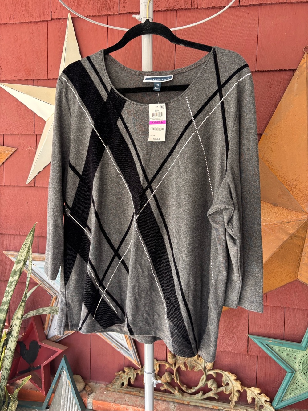 Y2K Karen Scott Velvet Stripe Retro Tunic 3/4 Sleeve Top Women’s Plus Size XXL